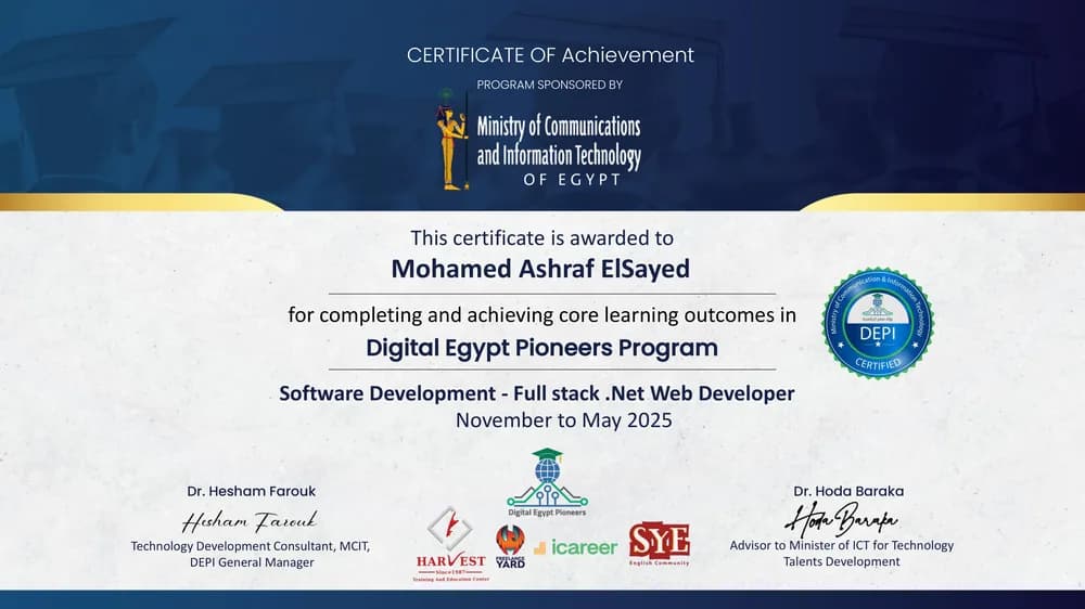 Digital Egypt Pioneers Initiative Full Stack .NET Web Developer certificate, November 2024 to May 2025