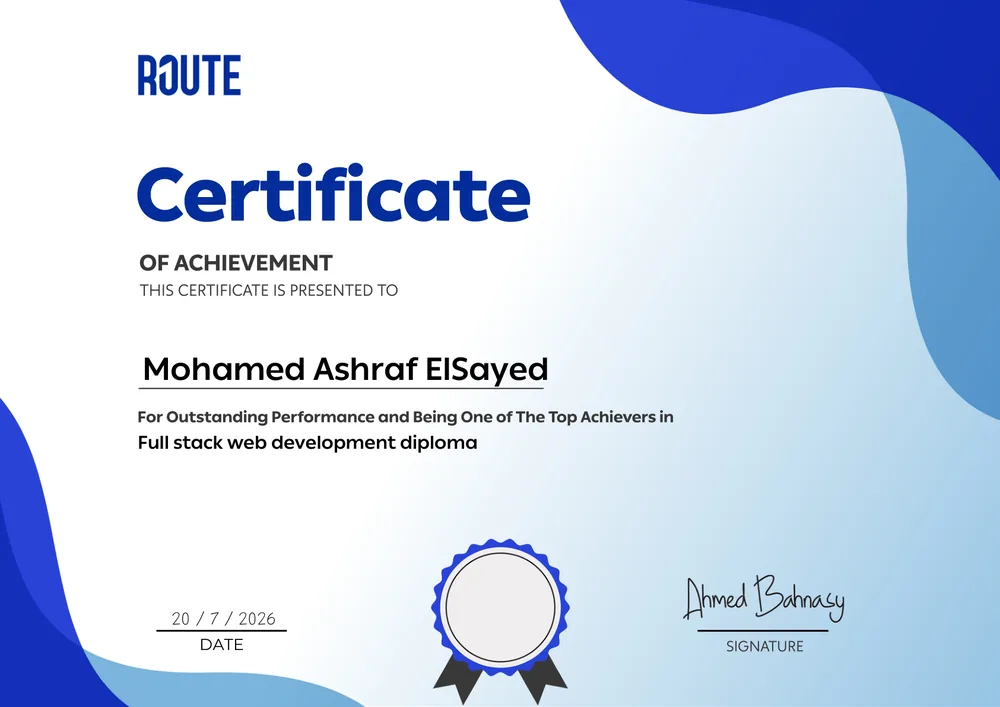 Route Academy Full Stack Web Development Diploma certificate, July 2026