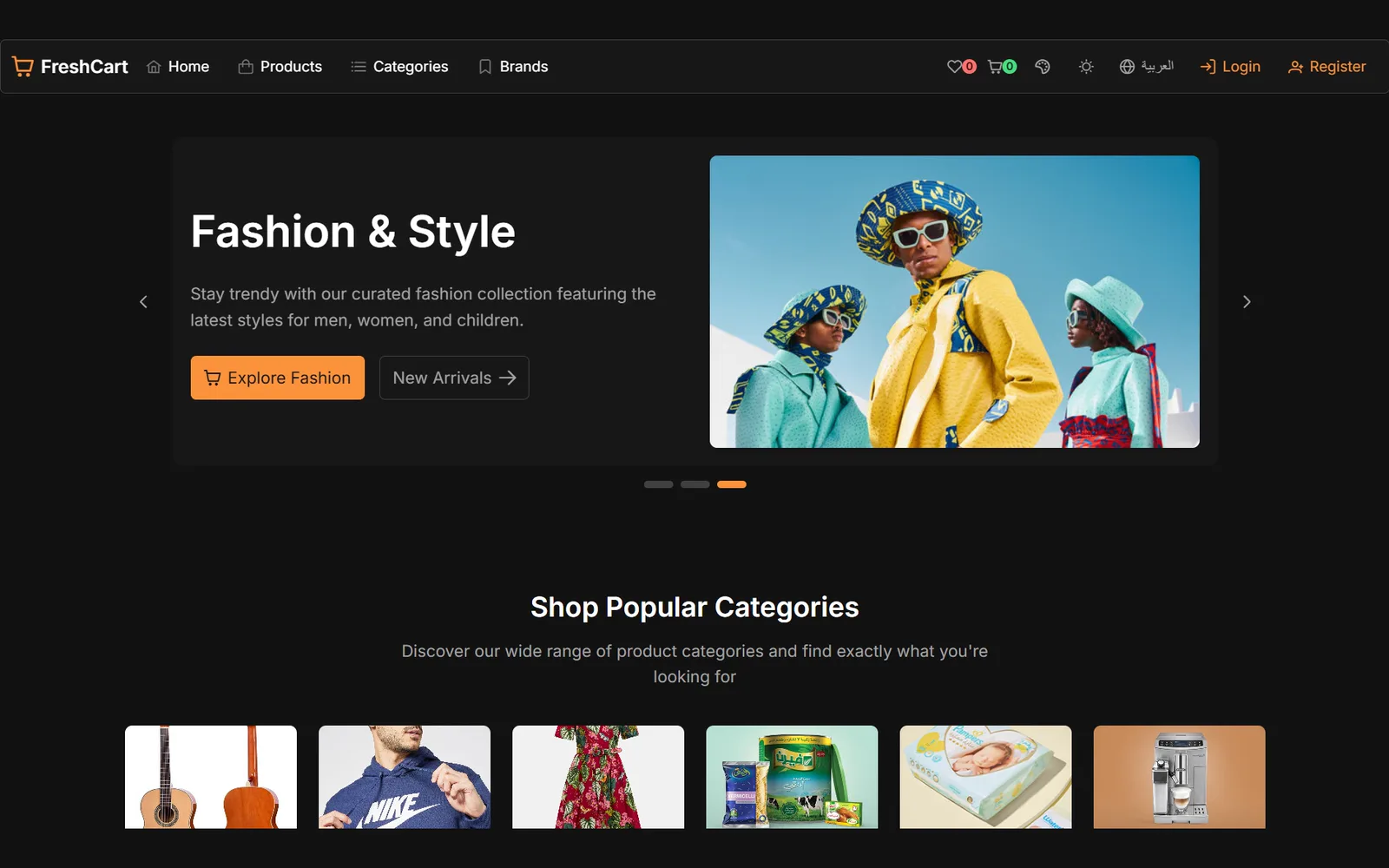 The FreshCart storefront in dark mode: a hero banner of fresh produce above a row of product categories.