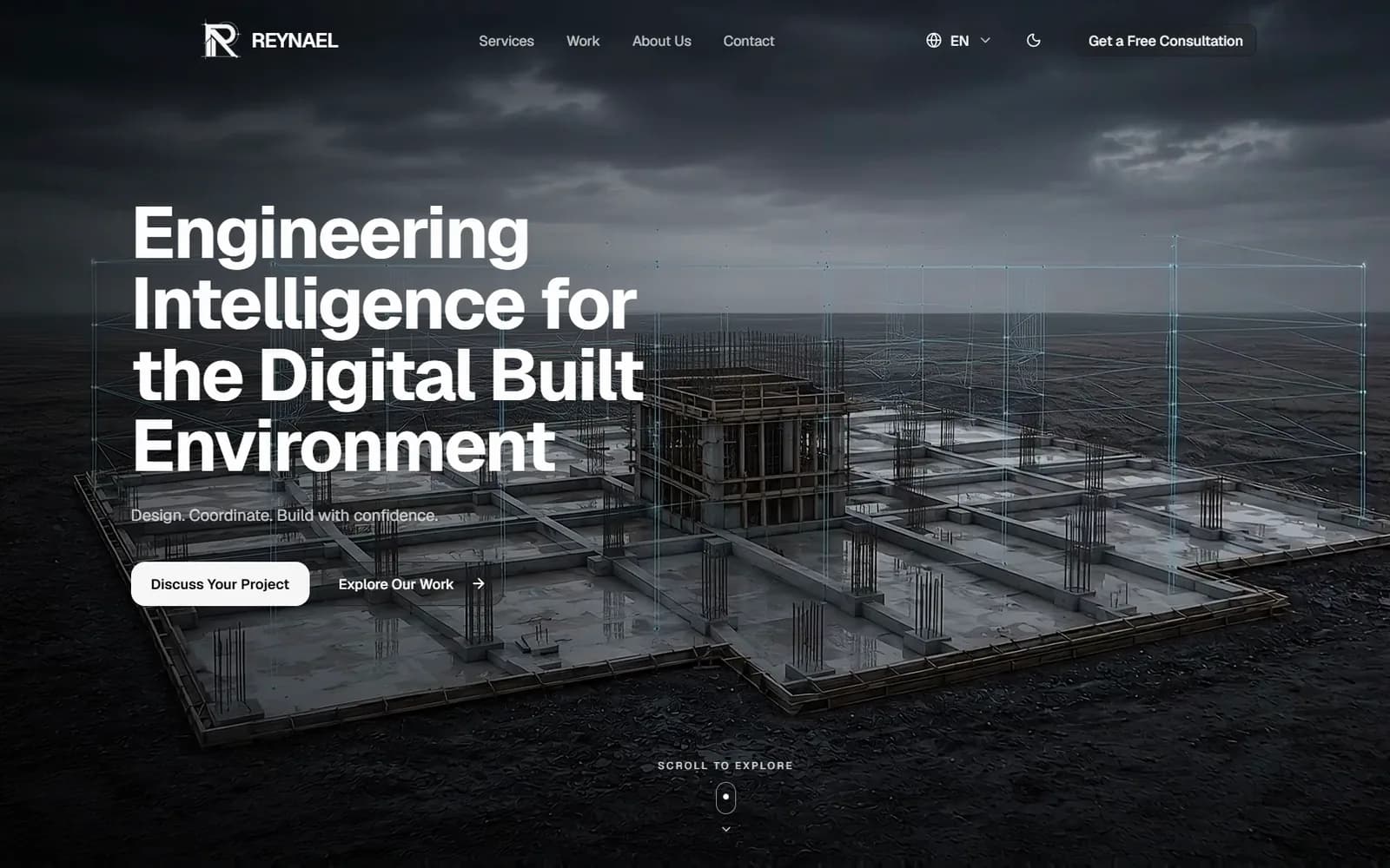 The reynael homepage with a wireframed construction scene and the site's primary engineering headline.